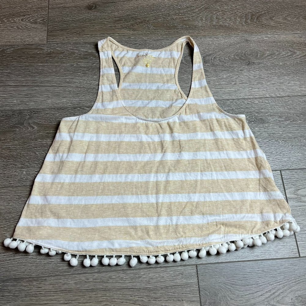 Lilly Pulitzer Shirley Tank Top Tan and white stripes with Pom Pom Size Medium